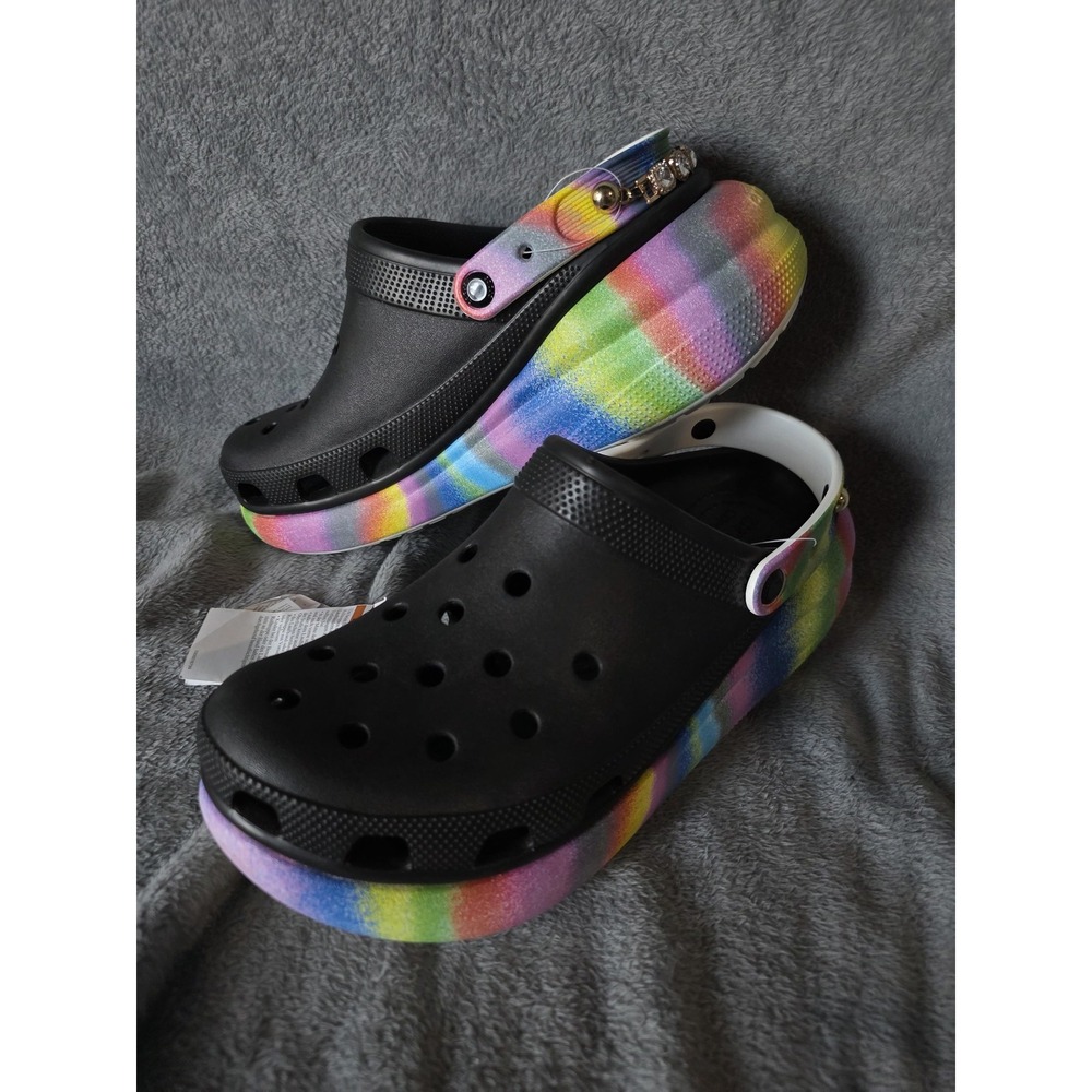 Crocs Clogs Mens Size 13 Black Rainbow Tie Dye Platform Rhinestone Strap Slip On